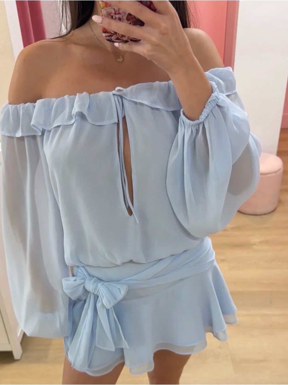 Light Blue Off-Shoulder Ruffle two piece skirt set